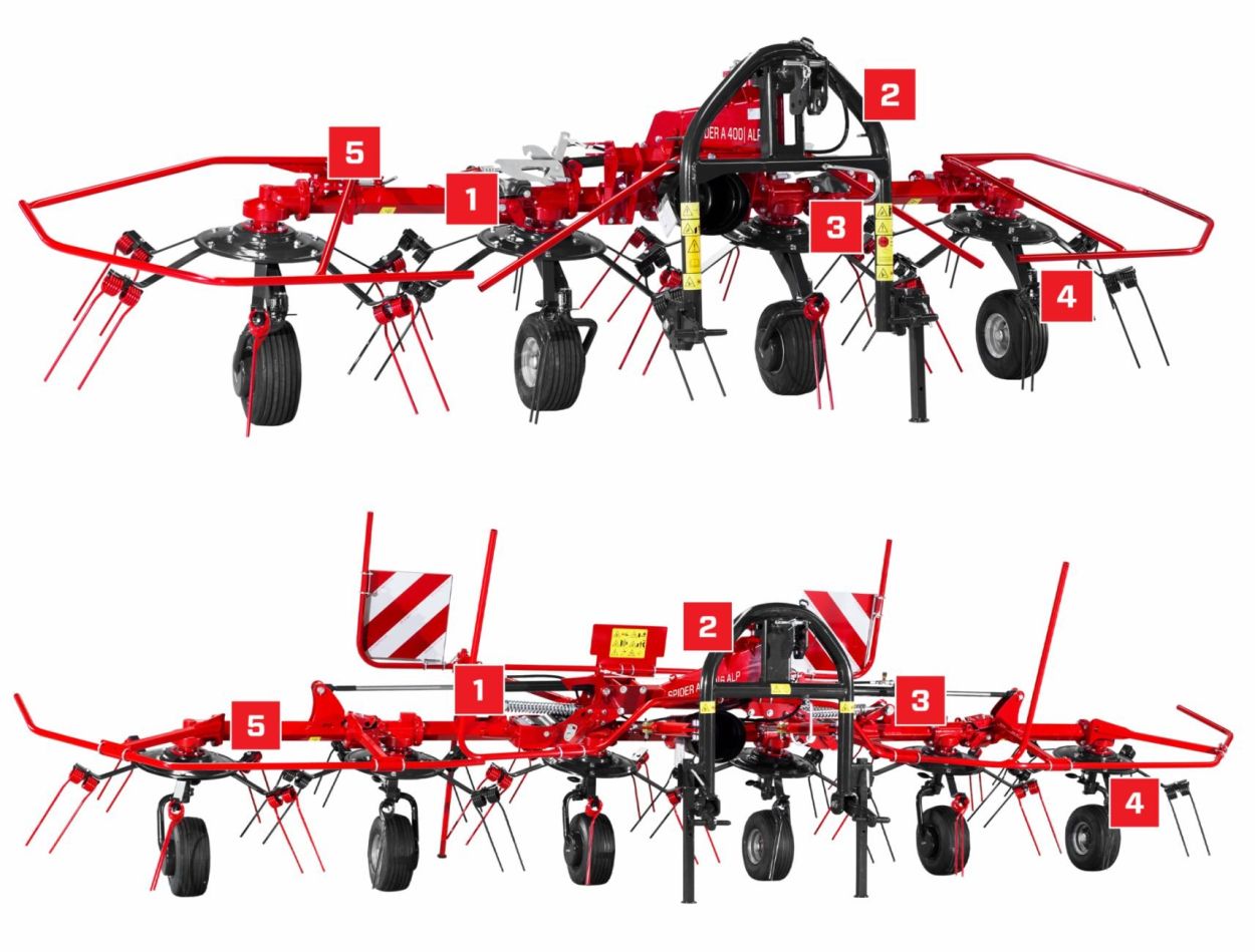 Lightweight mounted tedders with 4/6 rotors